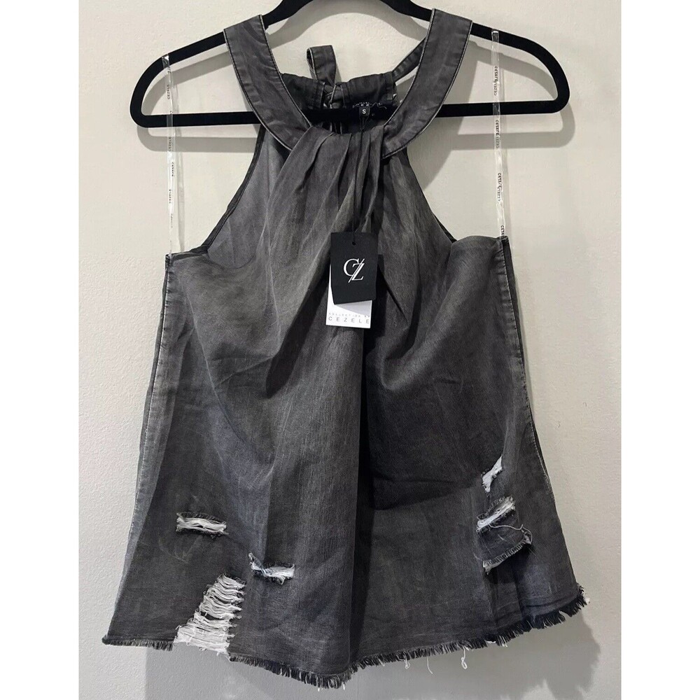 Cezele Top Women’s Small Black Chambray Distressed Tank Acid Wash Halter Grunge‎
